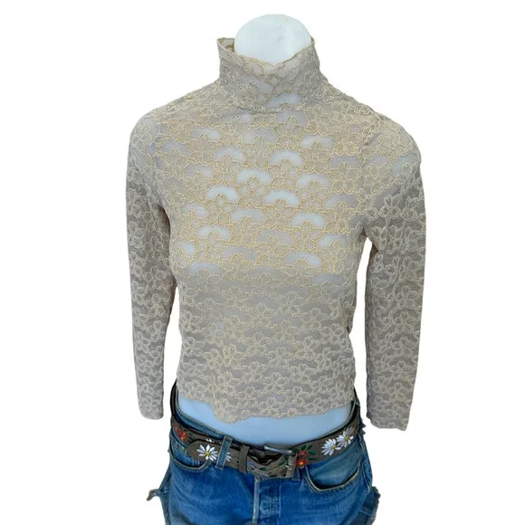 Line & Dot Mesh Floral Mockneck Top MEDIUM Bodycon Romantic Cocktail Nude $90 - Picture 4 of 10